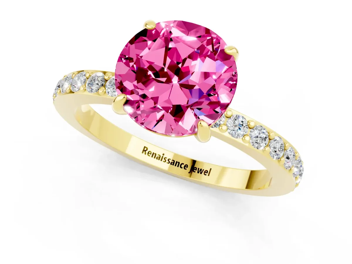 Round Cut Pink Sapphire Solitaire Engagement Ring with Pavé Band and Four-Prong Setting Yellow gold
