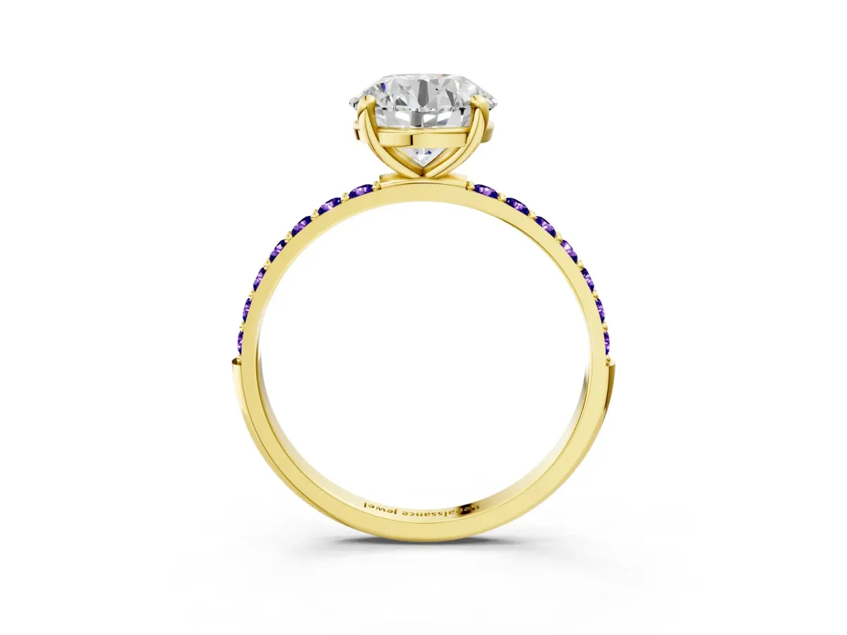 Round Cut Diamond Solitaire Ring with Round Tanzanite Pavé Band and Prong Setting Yellow gold