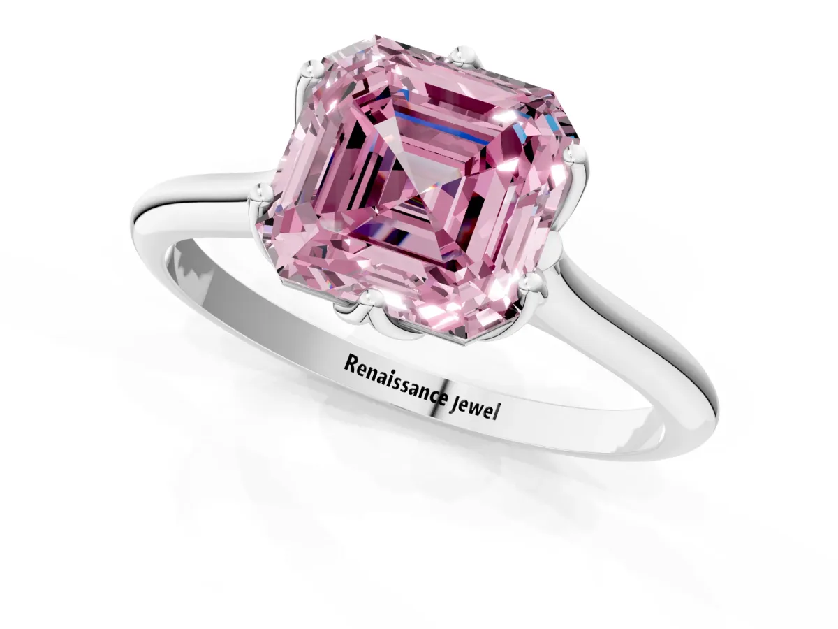 Fancy Pink Asscher Cut Solitaire Cathedral Diamond Ring with Six-Prong Setting Platinum