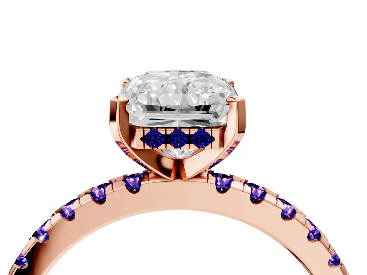 Radiant Cut Diamond Solitaire Ring with Round Tanzanite Pavé Band and Four-Prong Setting Rose gold