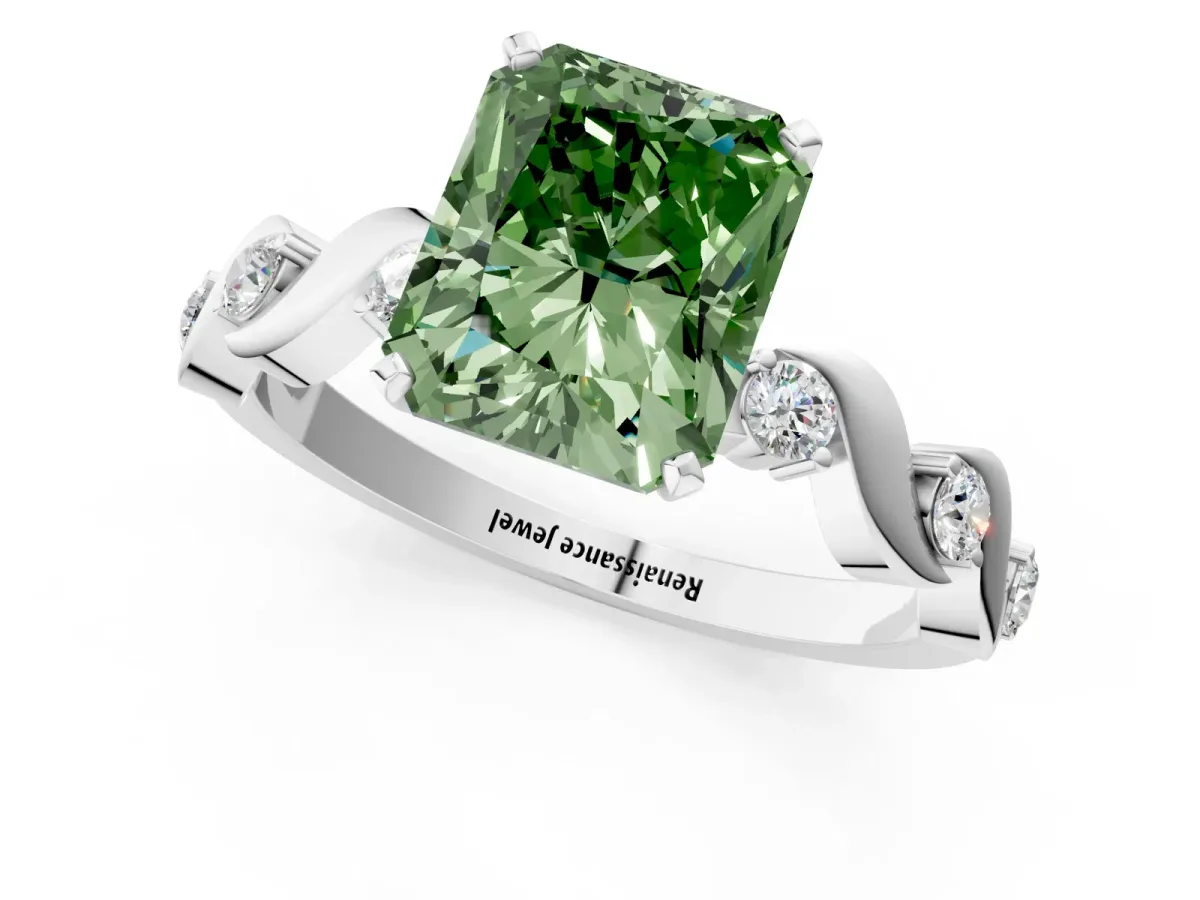 Fancy Green Radiant Cut Diamond Solitaire Twisted Band with Round Accents and Prong Setting White gold