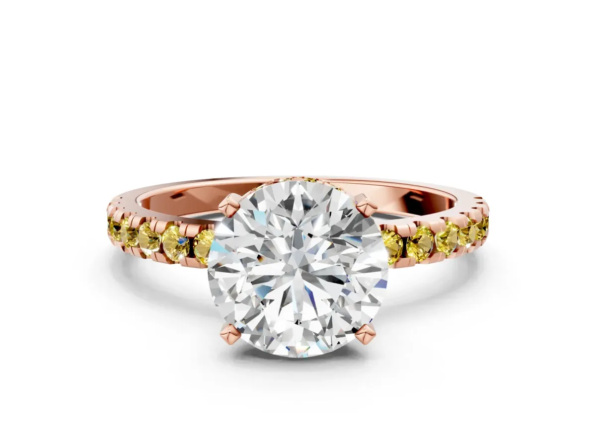 Round Cut Diamond Solitaire Ring with Round Yellow Sapphire Pavé Band and Four-Prong Setting Rose gold
