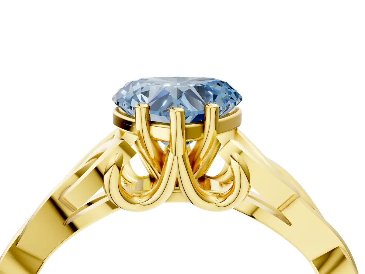 Fancy Blue Heart Cut Diamond Solitaire Engagement Ring with Celtic Knot Band and Four-Prong Setting Yellow gold
