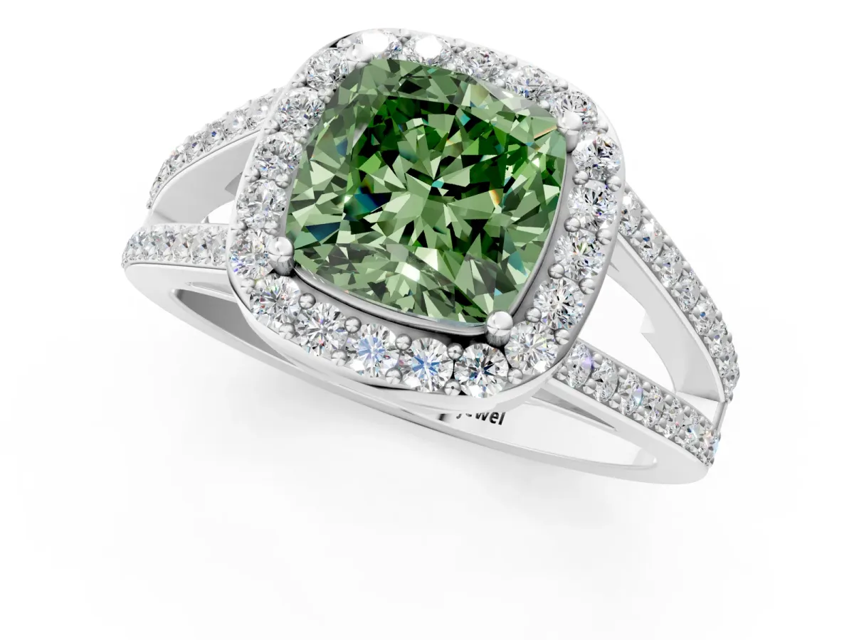 Fancy Green Cushion Cut Diamond Halo Ring with Split Shank U-Prong Band and Four-Prong Setting White gold