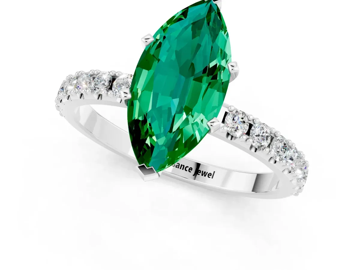Marquise Cut Emerald Solitaire Pavé Band with Four-Prong Setting Silver