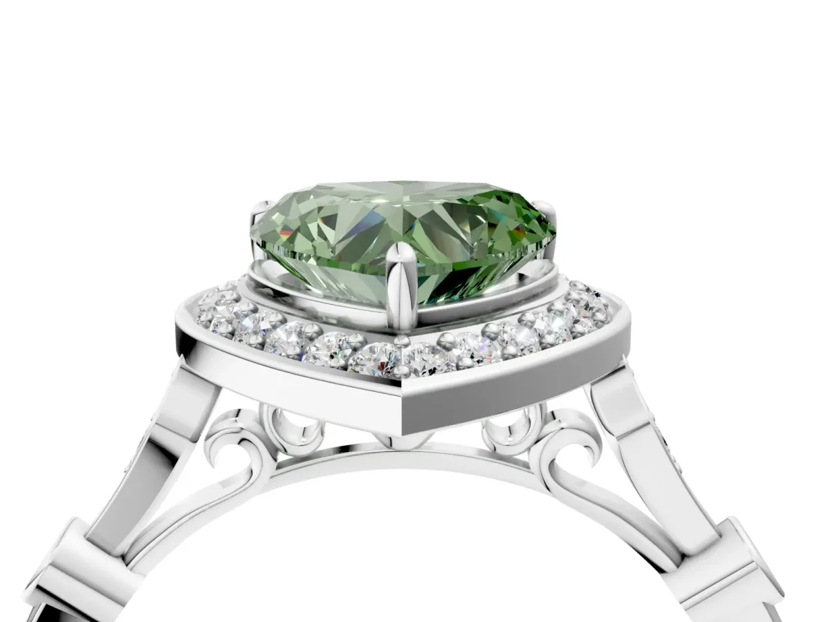 Fancy Green Heart Cut Halo Diamond Engagement Ring with Twisted Band and Four-Prong Setting Platinum
