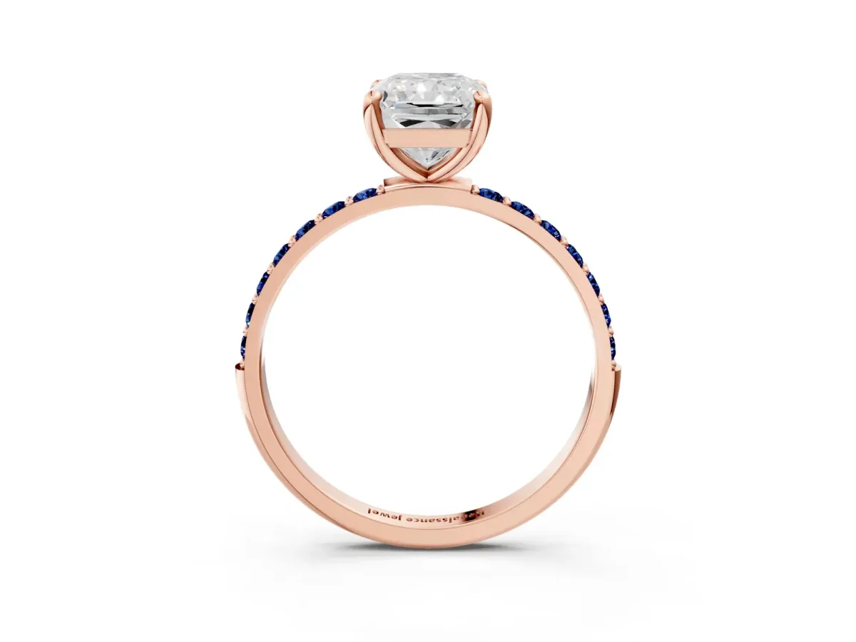 Radiant Cut Diamond Solitaire Ring with Round Blue Sapphire Pavé Band and Prong Setting Rose gold