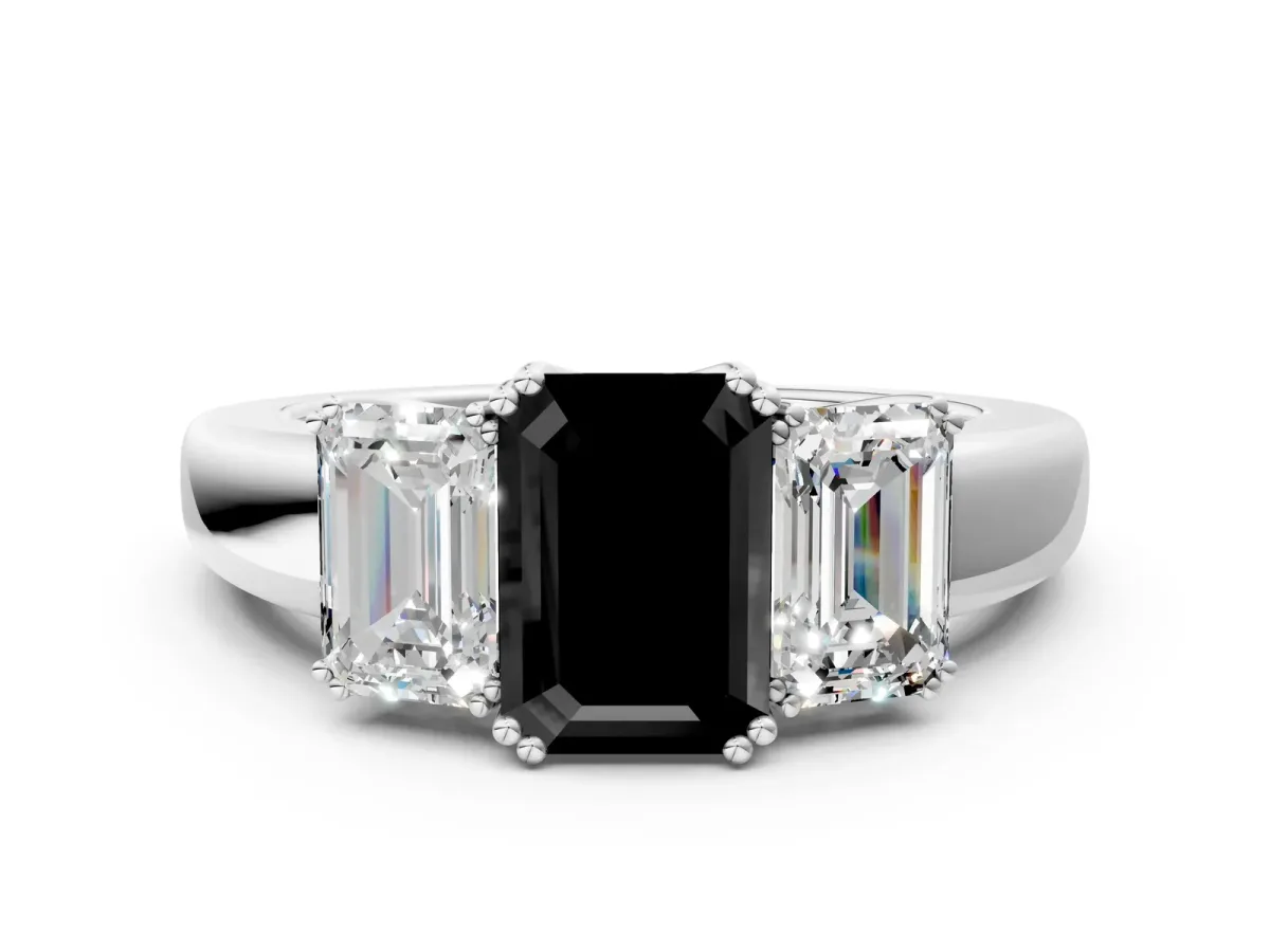 Fancy Black Three-Stone Emerald Cut Cut Diamond Ring with Channel Set Band and Four-Prong Setting Platinum