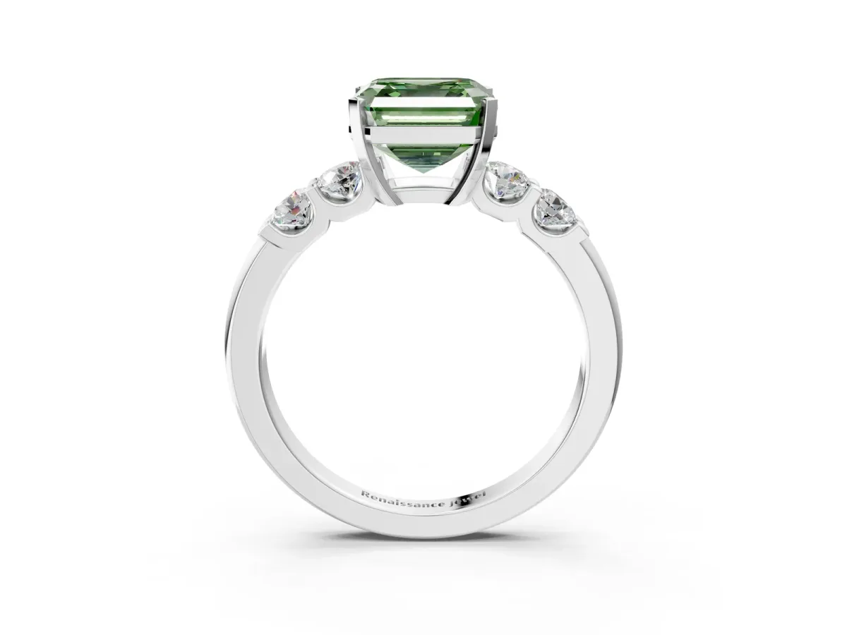 Fancy Green Asscher Cut Brilliant Cut Diamond Five-Stone Prong Set Engagement Ring with Channel Band Platinum