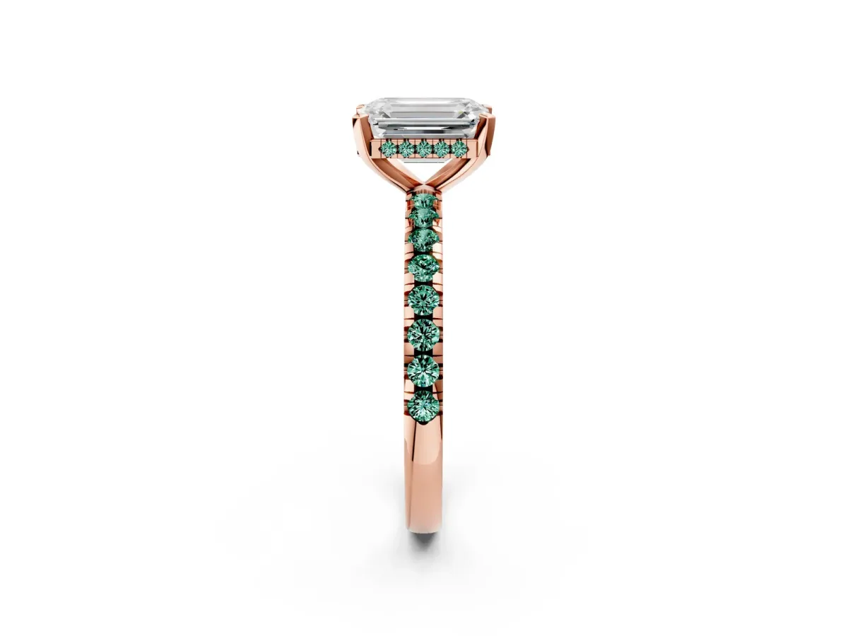 Emerald Cut Diamond Solitaire Ring with Round Green Sapphire Pavé Band and Four-Prong Setting Rose gold