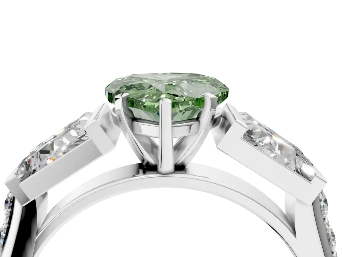Fancy Green Heart Cut Diamond Engagement Ring with Baguette Side Stones and Channel Set Band Platinum