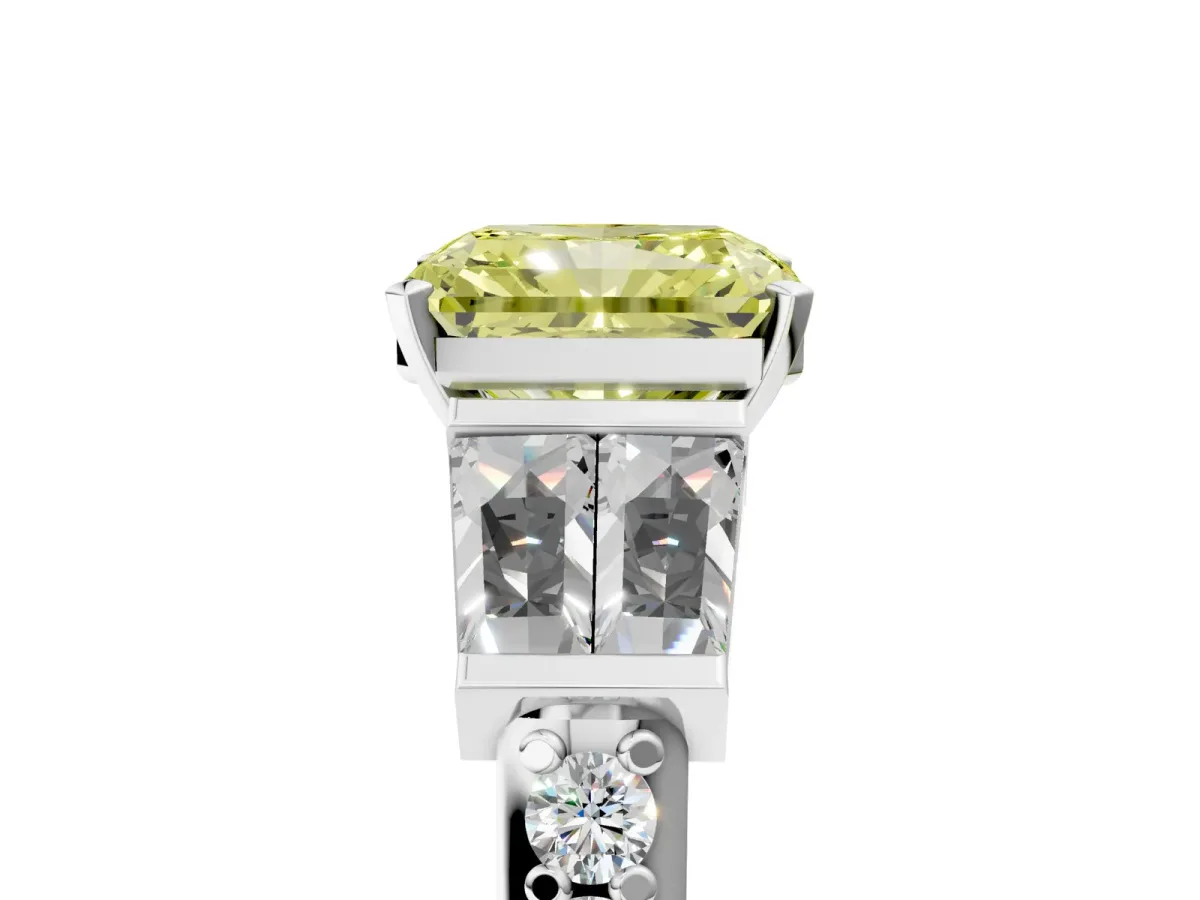 Fancy Yellow Radiant Cut Diamond Engagement Ring with Baguette Side Stones and Channel Set Band Platinum