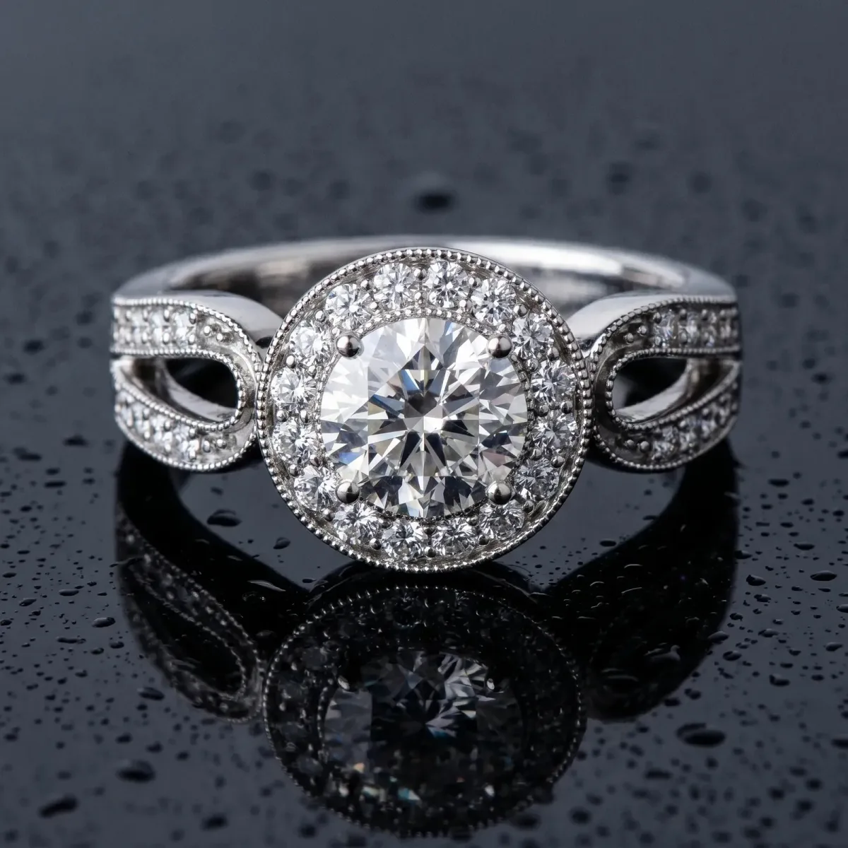 Round Cut Halo Split Shank Milgrain Diamond Ring Platinum