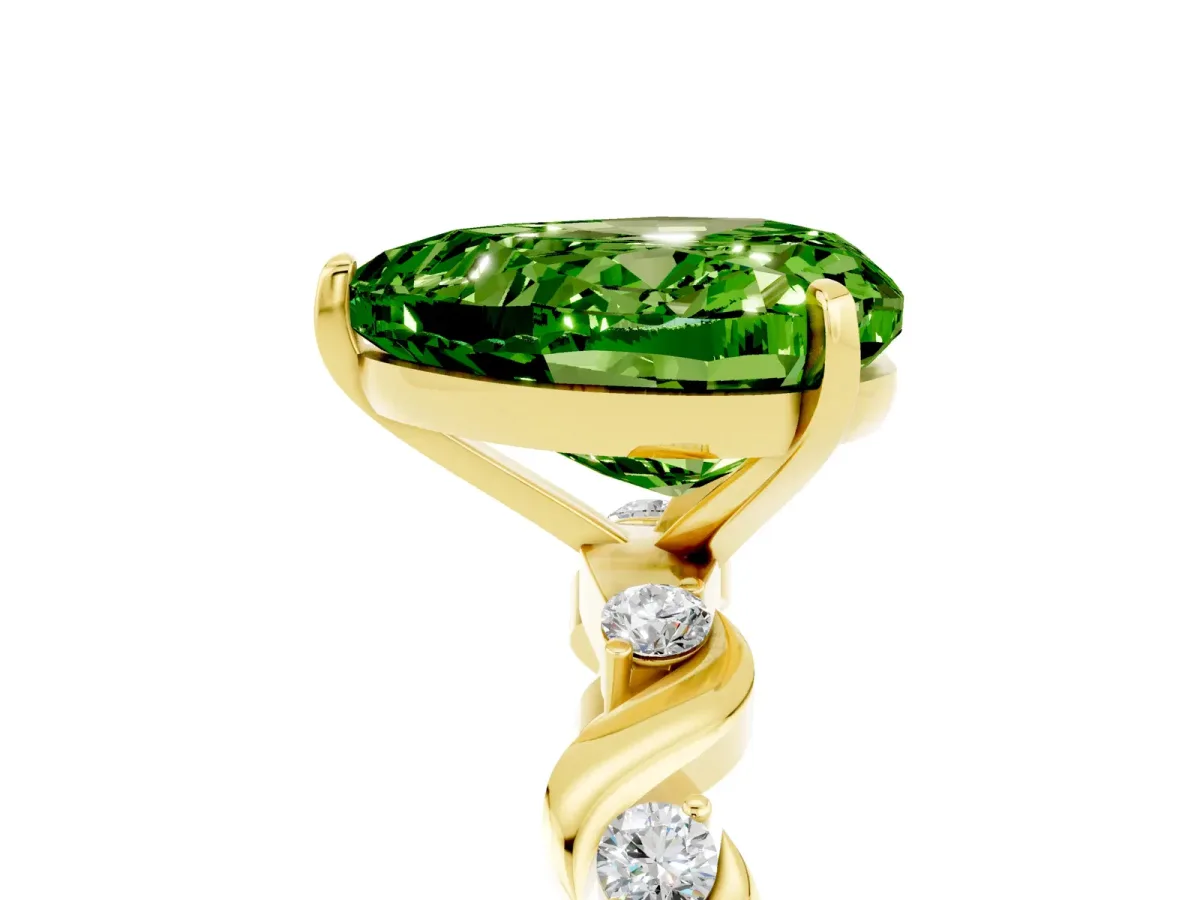 Heart Cut Peridot Solitaire Twisted Band with Round Accents and Prong Setting Yellow gold