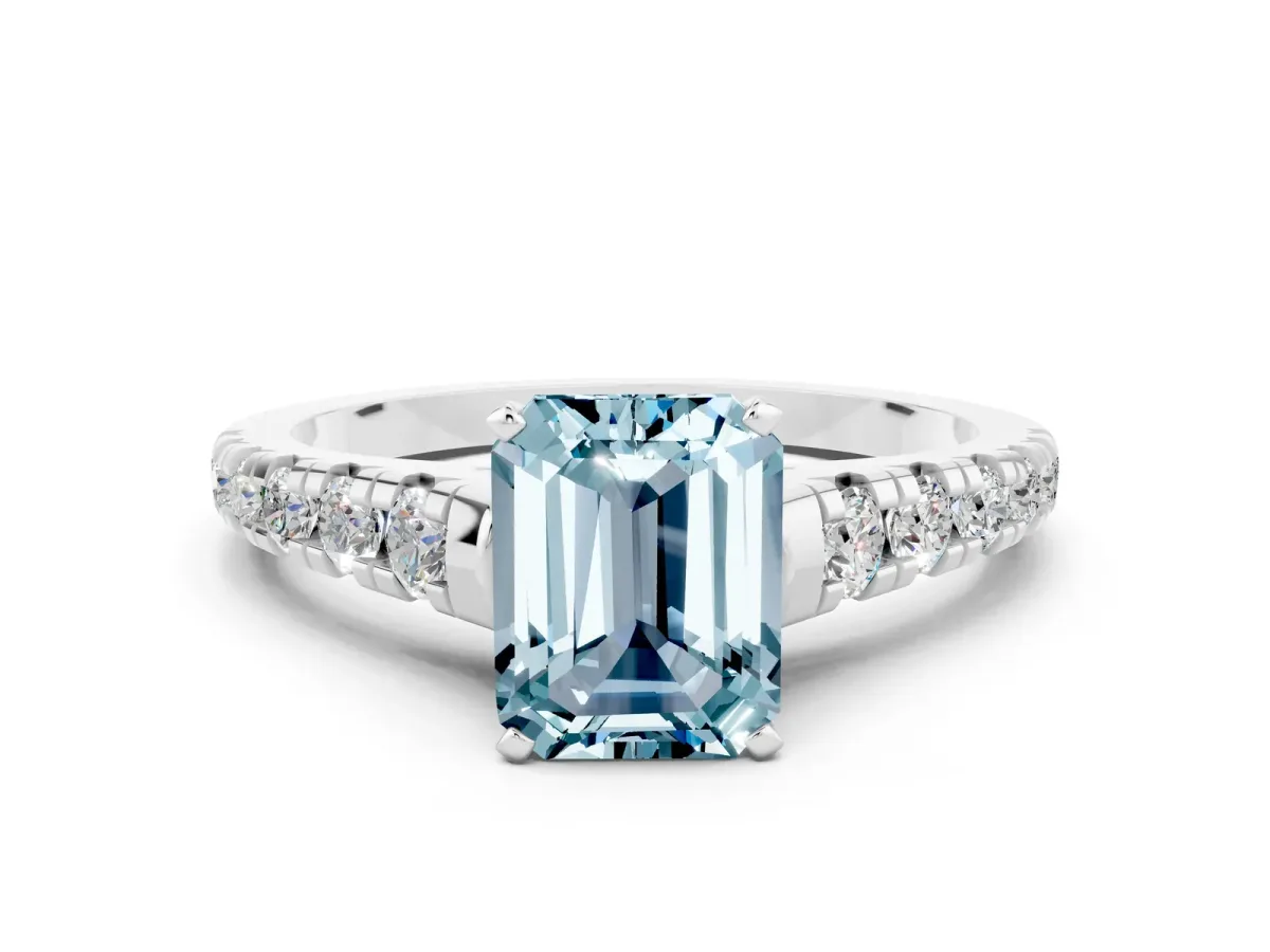 Emerald Cut Aquamarine Cathedral Solitaire Ring with Round Pavé Band Platinum
