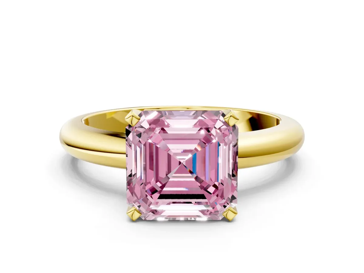 Fancy Pink Asscher Cut Diamond Solitaire Engagement Ring with Round Band and Four-Prong Setting Yellow gold