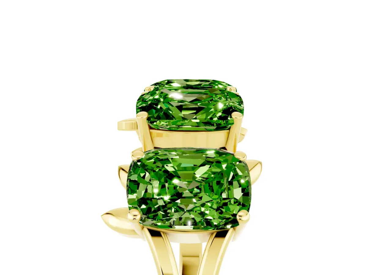 Four-Stone Elongated Cushion Peridot Band with Nature-Inspired Prong Setting Yellow gold