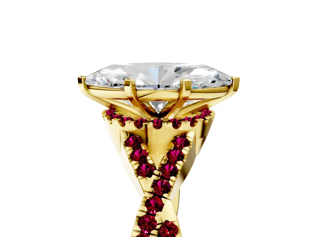 Marquise Cut Diamond Garnet Halo Twist Band Solitaire Prong Setting Ring Yellow gold