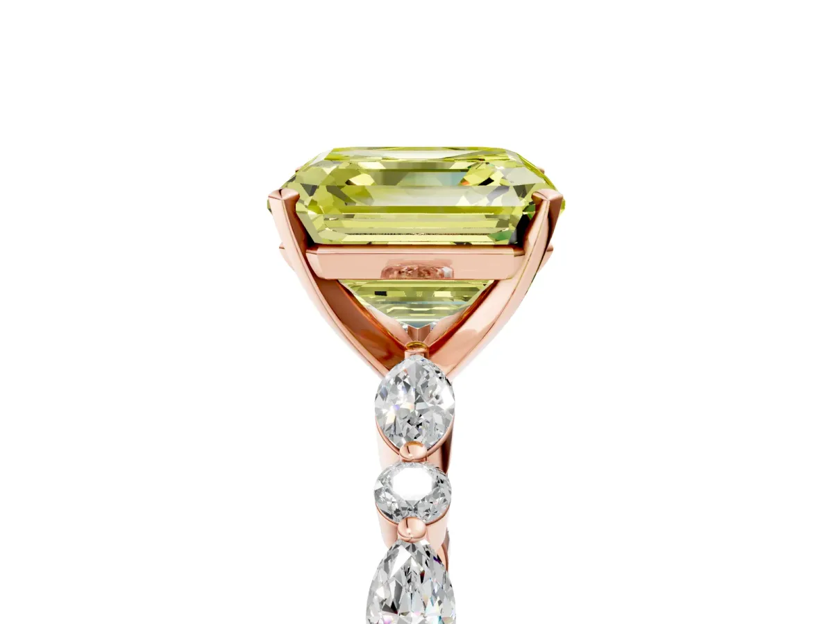 Fancy Yellow Asscher Cut Diamond Ring with Marquise and Round Side Stones and Four-Prong Setting Rose gold