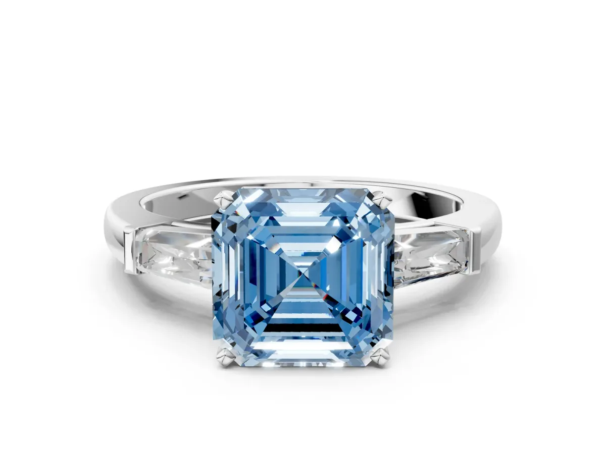 Fancy Blue Asscher Cut Solitaire with Tapered Baguette Side Stones on a Classic Band with Four-Prong Setting Platinum
