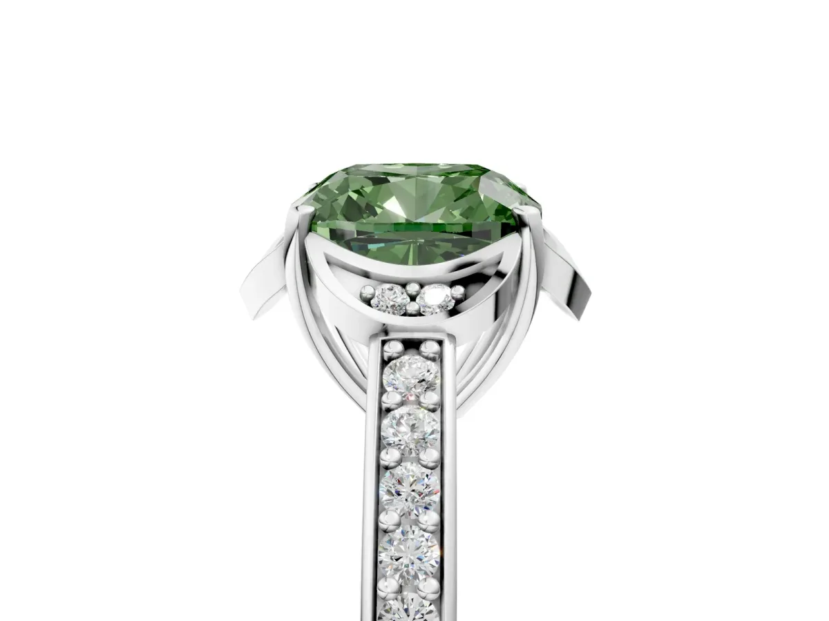 Fancy Green Cushion Cut Cut Halo Diamond Ring with Channel Set Band and Four-Prong Setting White gold