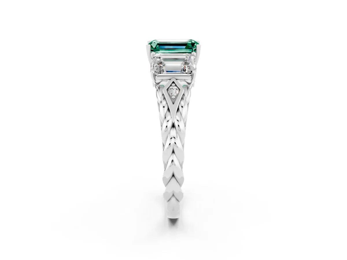 Three-Stone Emerald Cut Green Sapphire Braided Band Ring with Four-Prong Setting Platinum