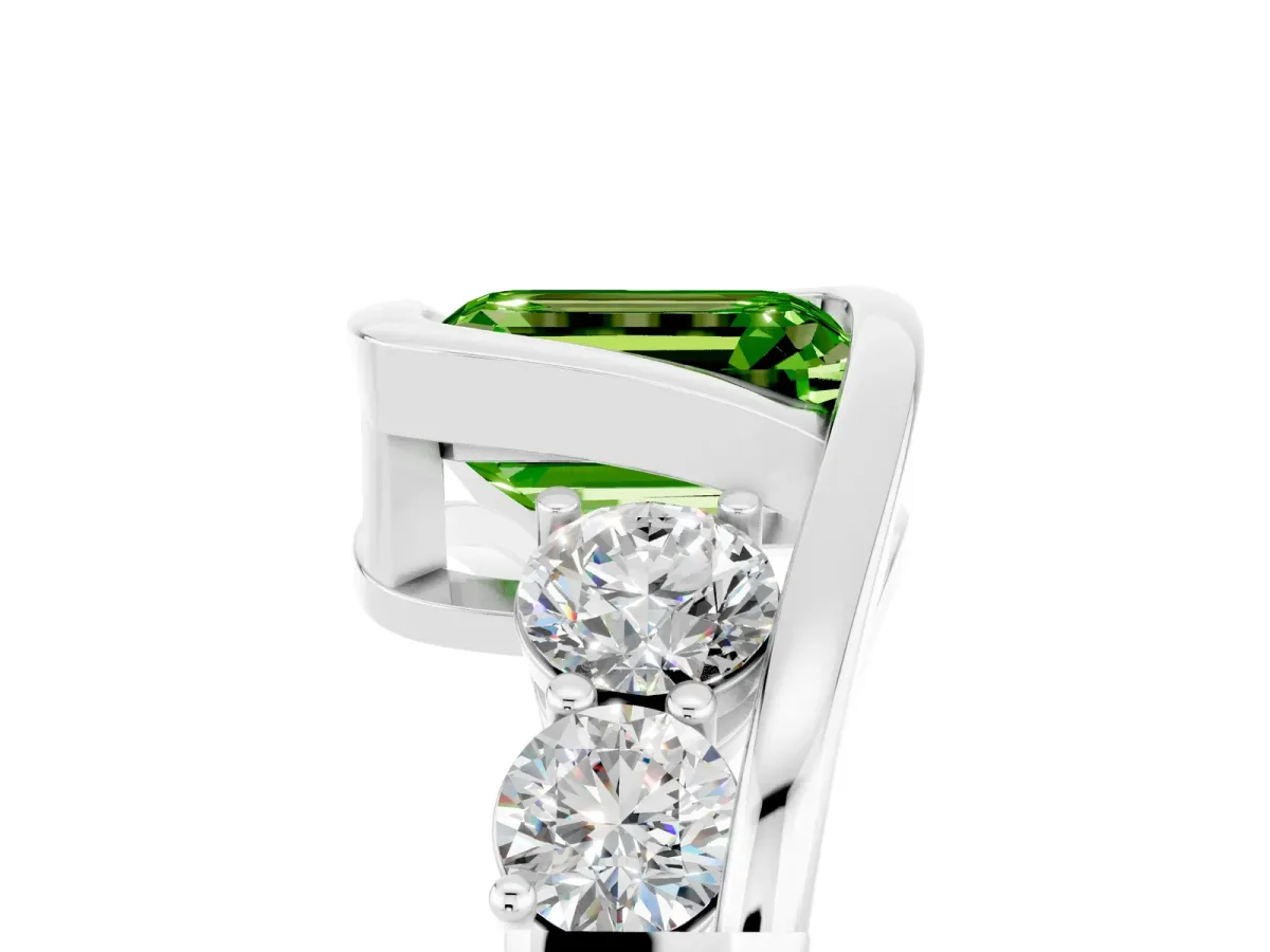 Bezel Set Emerald Cut Peridot Bypass Ring with Round Accents Silver