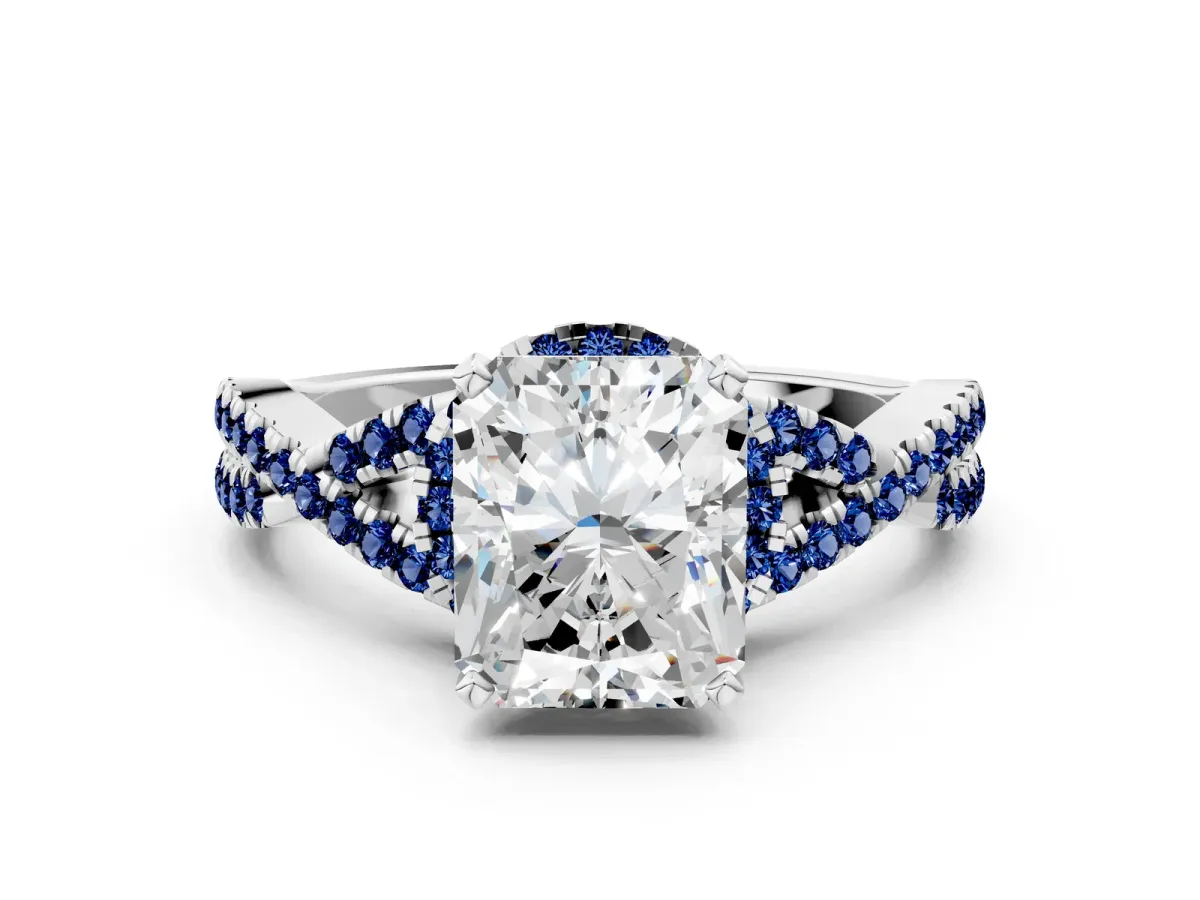 Radiant Cut Diamond Blue Sapphire Halo Twist Band Solitaire Prong Setting Ring White gold