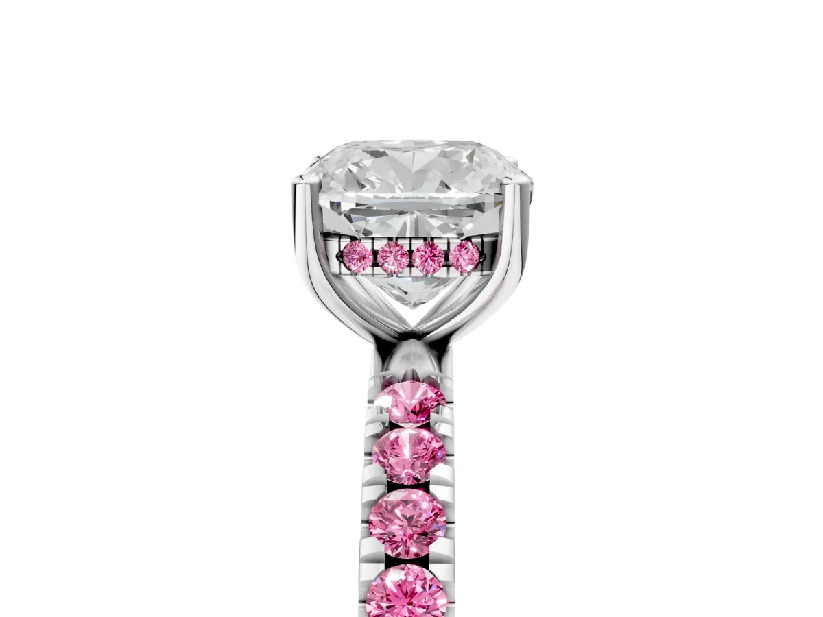 Cushion Cut Diamond Pave Band Solitaire Ring with Round Pink Sapphire and Prong Setting White gold