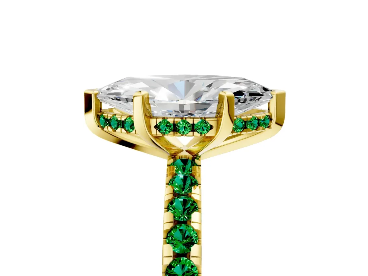 Marquise Cut Diamond Solitaire Ring with Round Emerald Pavé Band and Four-Prong Setting Yellow gold