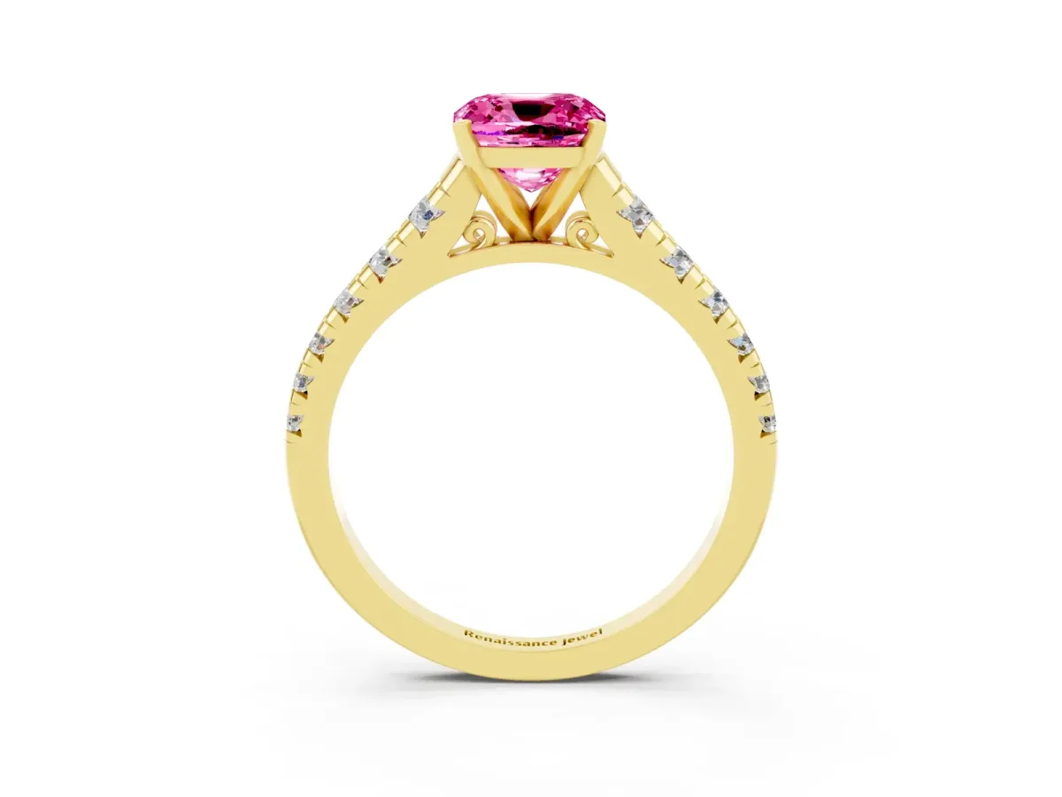 Cushion Cut Pink Sapphire Cathedral Solitaire Ring with Round Pavé Band Yellow gold