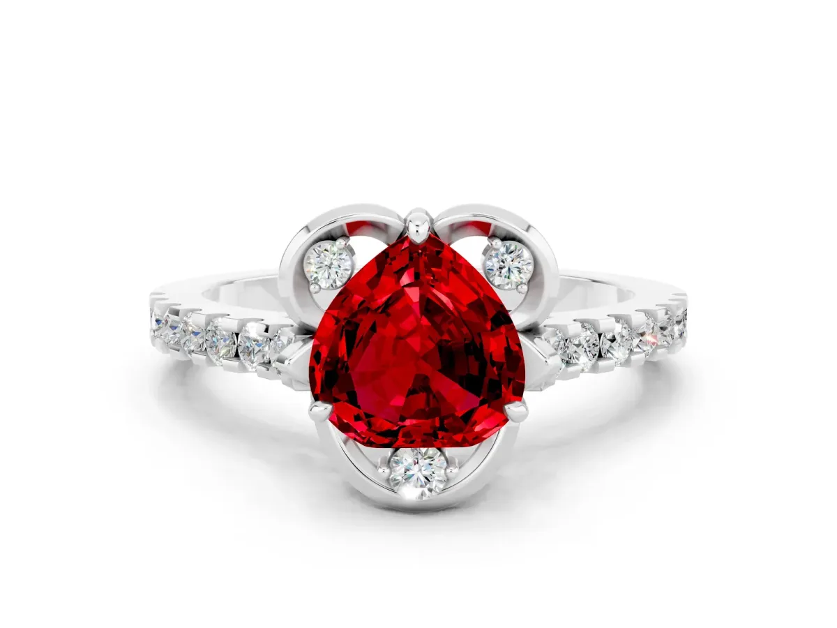 Heart Cut Ruby Ring with Pavé Band and Floral Prong Setting Silver