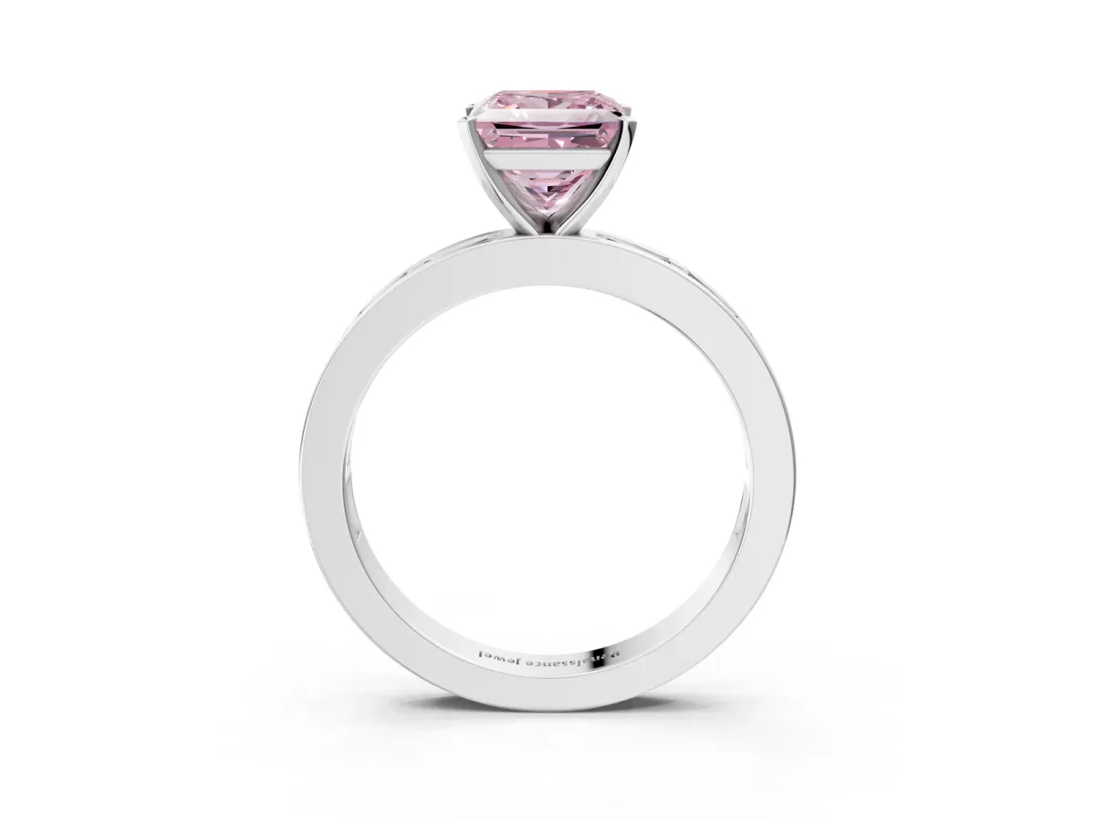 Fancy Pink Princess Cut Solitaire Diamond Ring with Channel-Set Baguette Band and Four-Prong Setting White gold