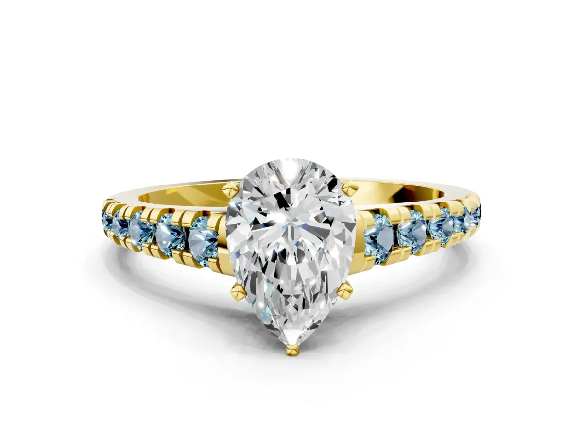 Pear Cut Diamond Cathedral Solitaire Ring with Round Aquamarine Pavé Band Yellow gold