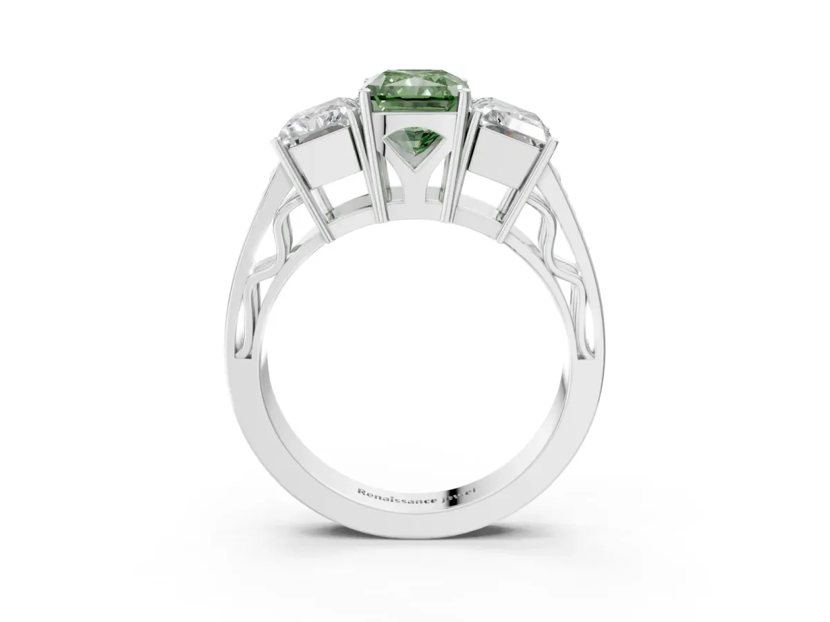 Fancy Green Radiant Cut Diamond Three-Stone Ring with Prong Setting and Textured Band Platinum