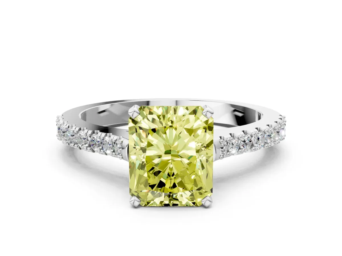 Fancy Yellow Radiant Cut Cut Solitaire Diamond Engagement Ring with Pave Band and Four-Prong Setting White gold