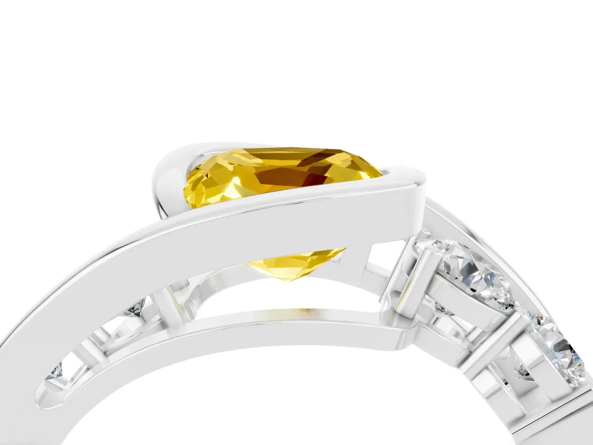 Bezel Set Cushion Cut Yellow Sapphire Bypass Ring with Round Accents Silver