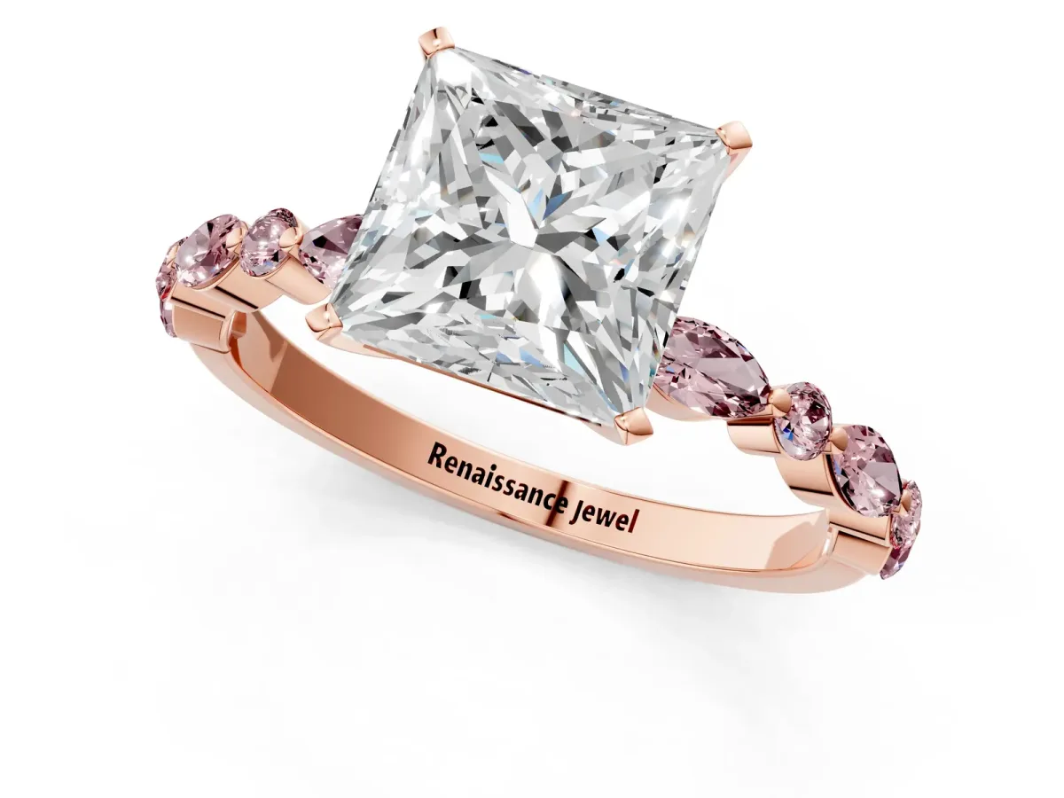 Princess Cut Diamond Ring with Marquise and Round Morganite Side Stones and Four-Prong Setting Rose gold