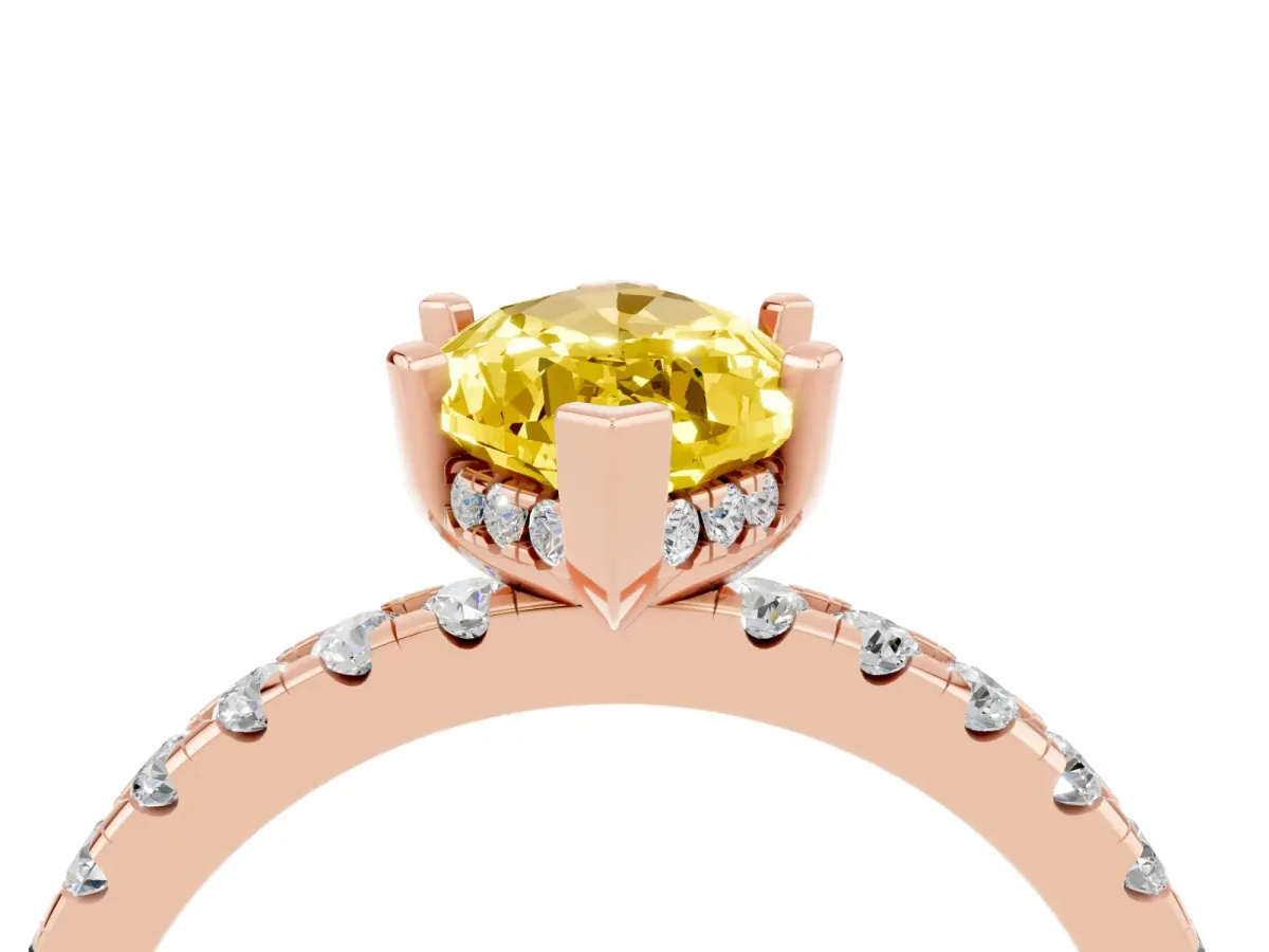 Marquise Cut Yellow Sapphire Solitaire Ring with Round Pavé Band and Four-Prong Setting Rose gold