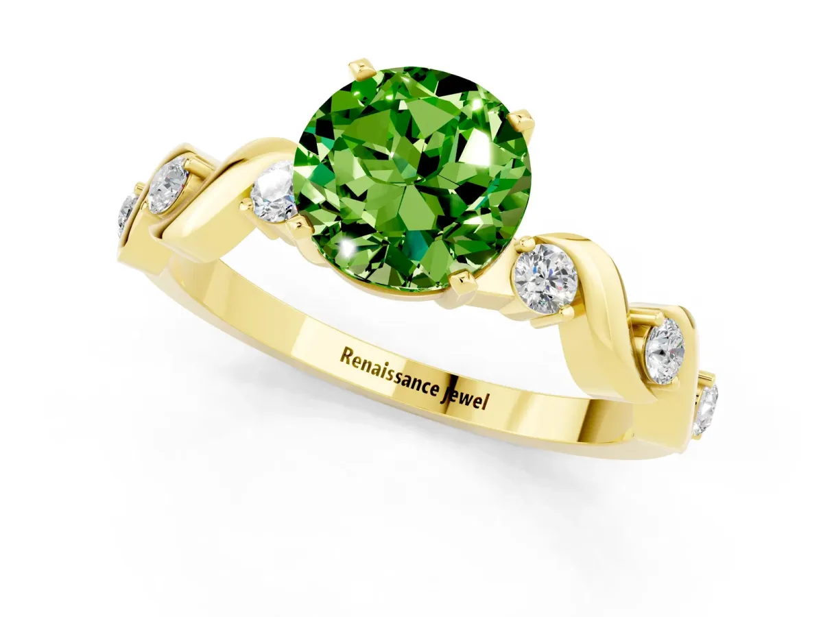 Round Cut Peridot Solitaire Twisted Band with Round Accents and Prong Setting Yellow gold