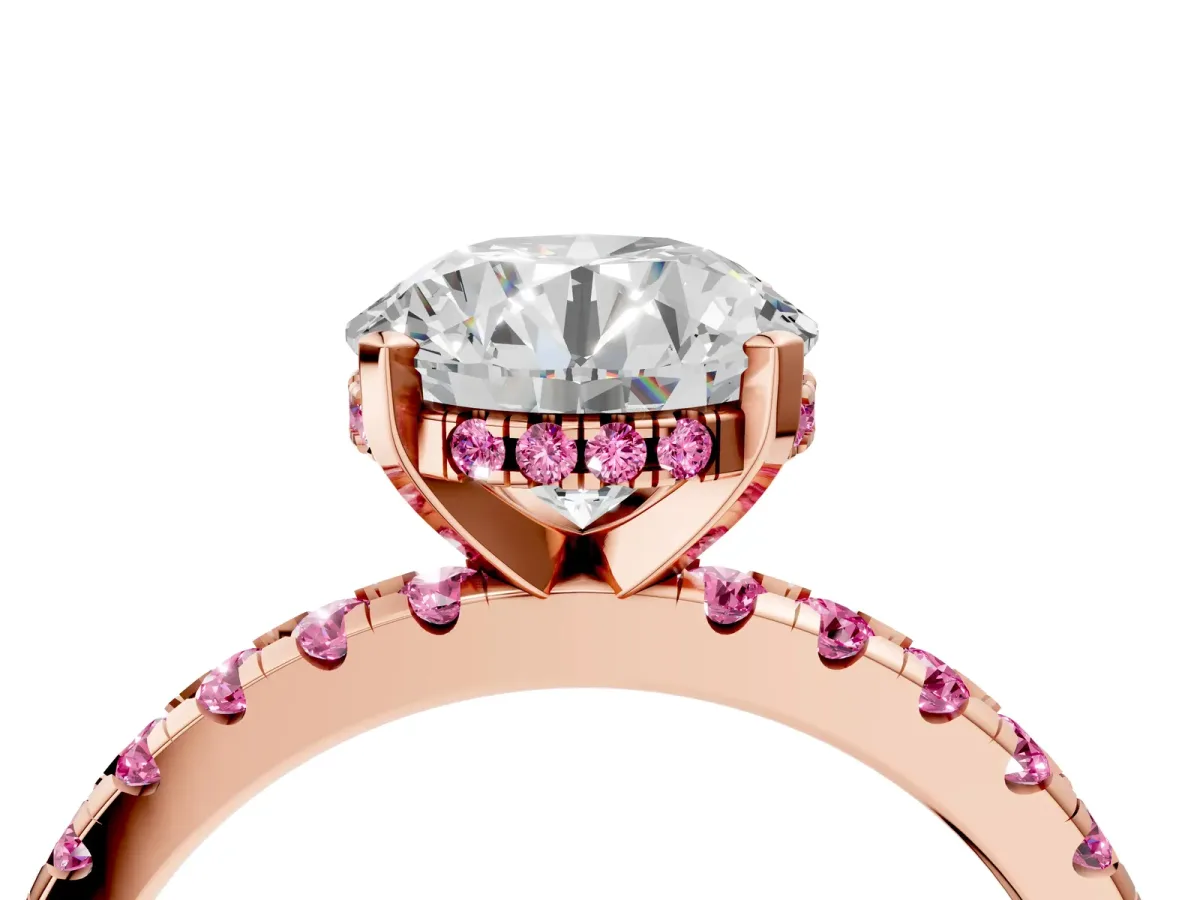 Round Cut Diamond Solitaire Ring with Round Pink Sapphire Pavé Band and Four-Prong Setting Rose gold