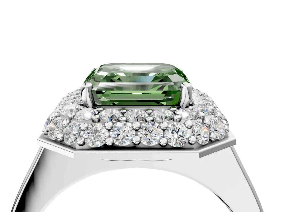 Fancy Green Asscher Cut Halo Diamond Engagement Ring with Solitaire Band and Four-Prong Setting Platinum
