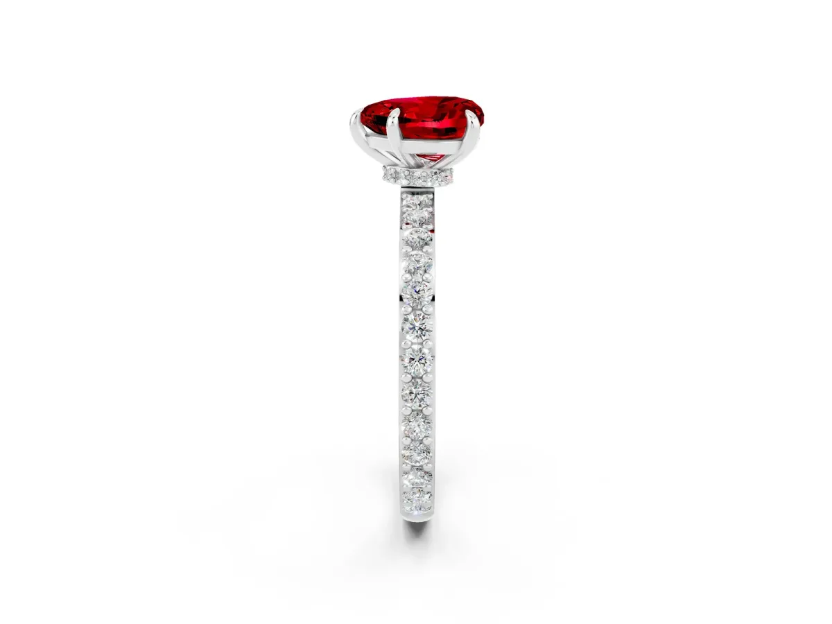 Heart Cut Ruby Pavé Engagement Ring with Round Accents and Prong Setting Silver