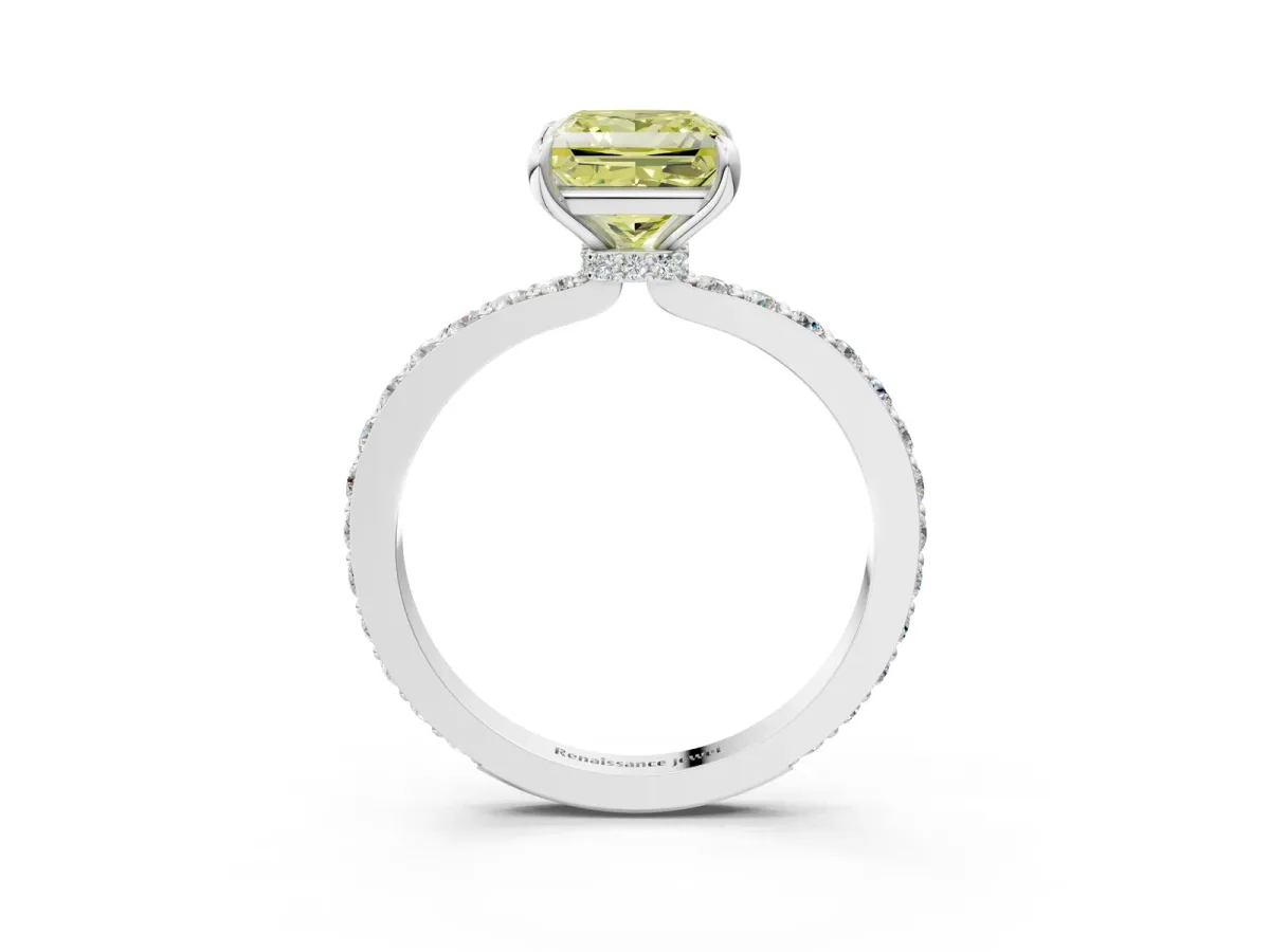 Fancy Yellow Princess Cut Diamond Solitaire Engagement Ring with Pavé Band and Four-Prong Setting White gold