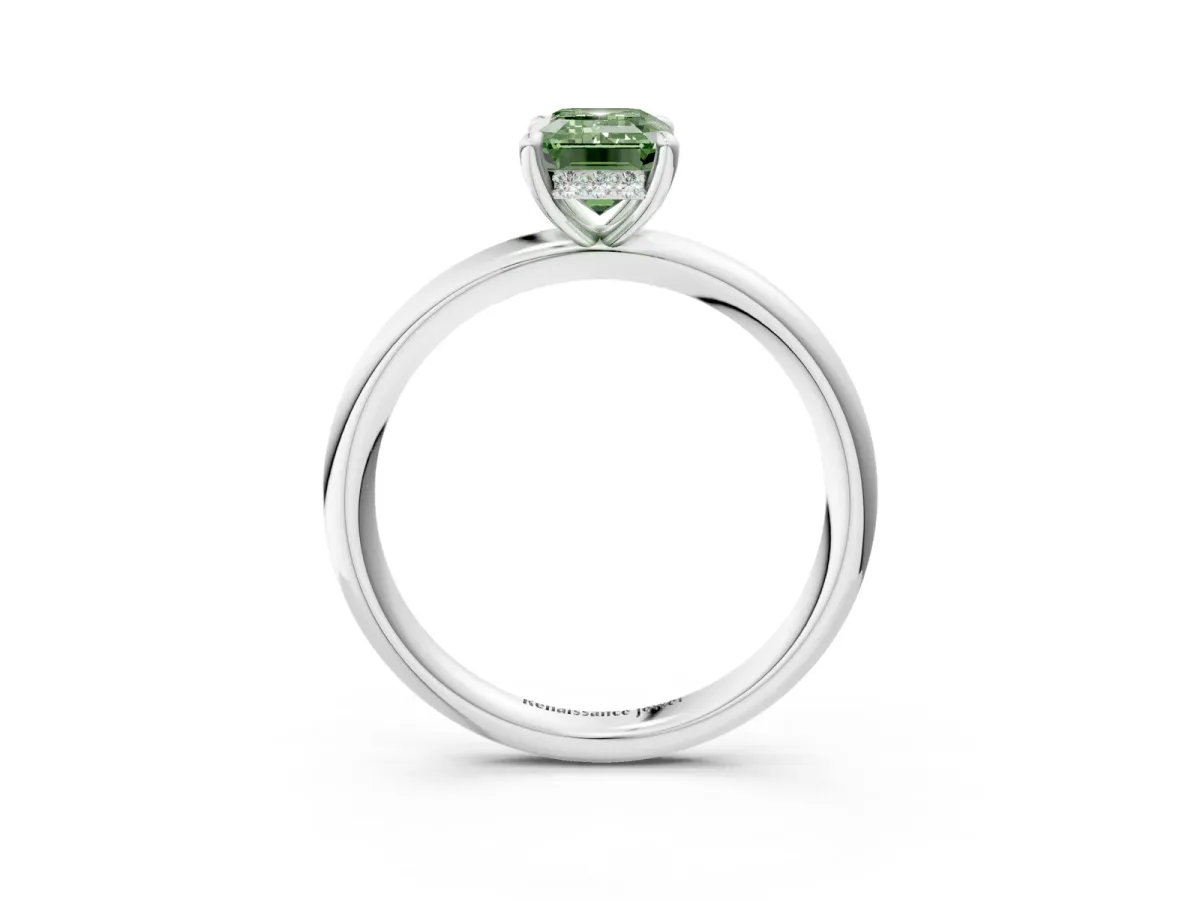 Fancy Green Emerald Cut Diamond Solitaire Ring with Thin Band and Four-Prong Setting Platinum