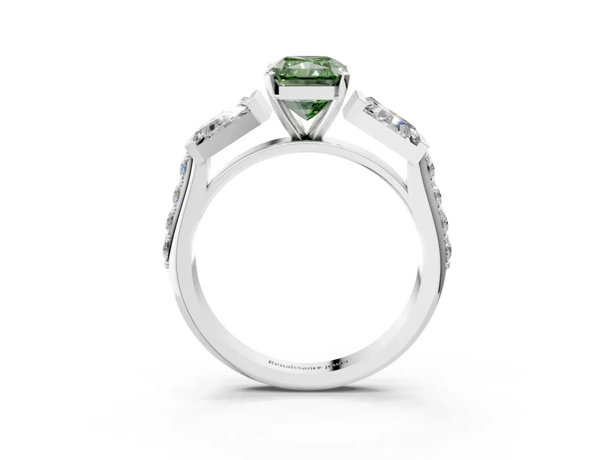 Fancy Green Radiant Cut Diamond Engagement Ring with Baguette Side Stones and Channel Set Band Platinum