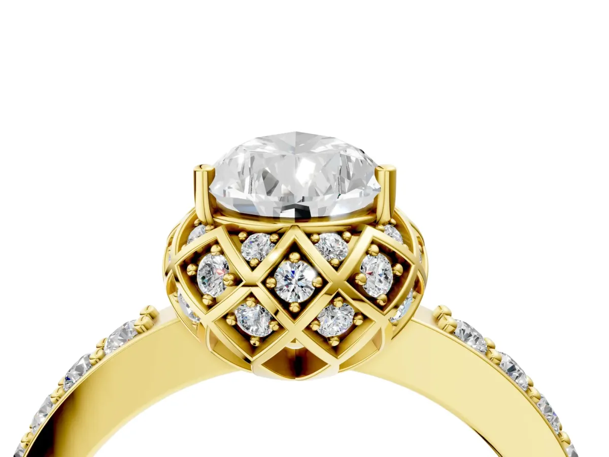 Pear Cut Diamond Scalloped Halo Engagement Ring with Round Shared Prong Band Yellow gold