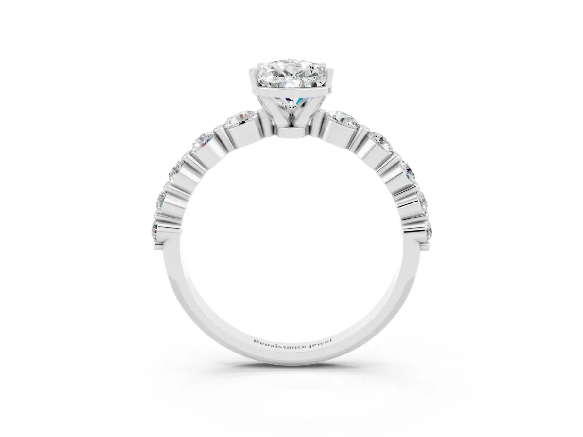 Pear Cut Solitaire Moissanite Ring with Pave Band and Four-Prong Setting Silver