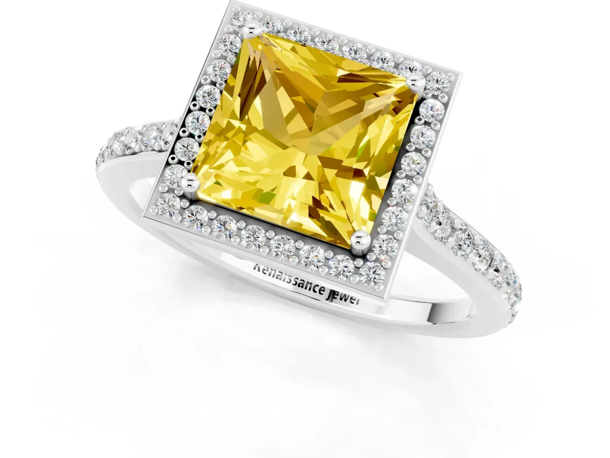 Princess Cut Yellow Sapphire Halo Engagement Ring with Round Pavé Shoulders and Prong Setting Silver