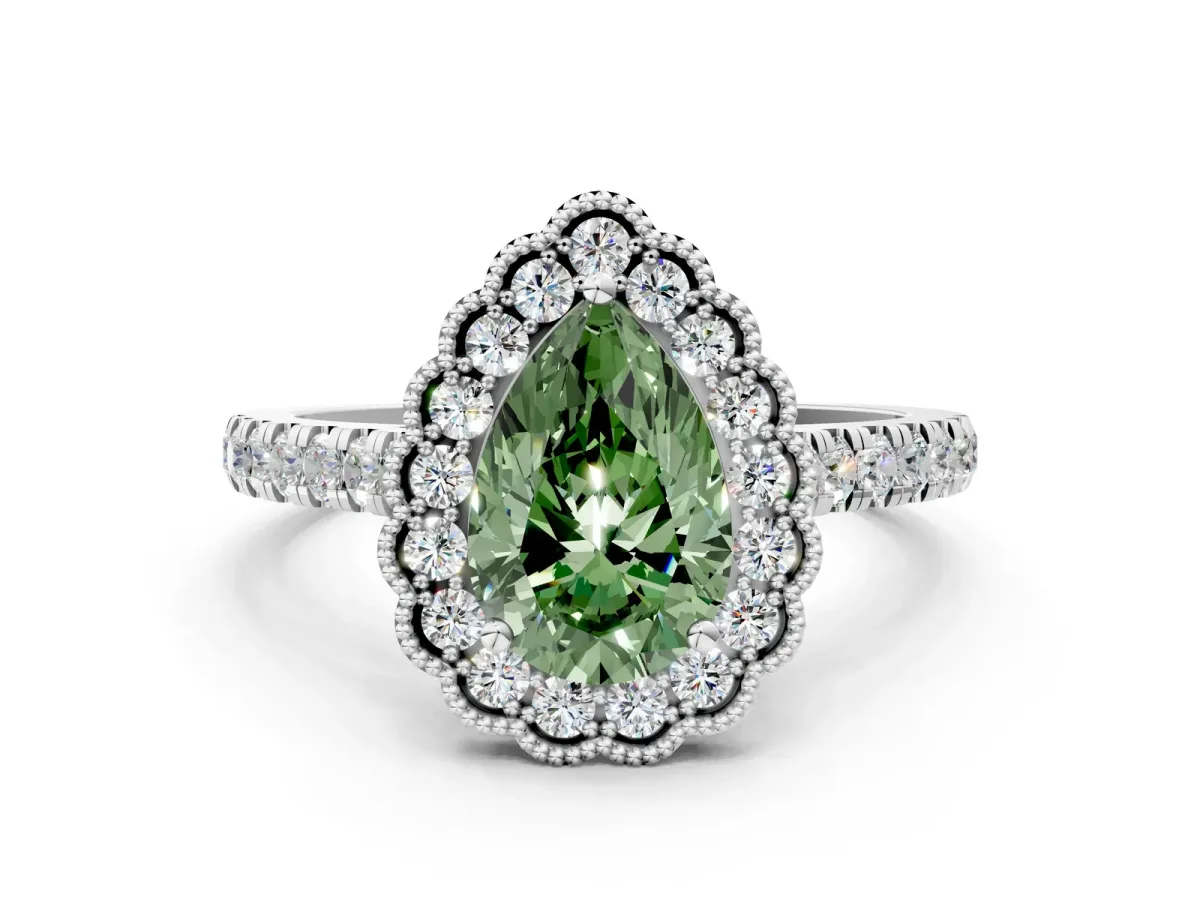 Fancy Green Pear Cut Cut Diamond Milgrain Floral Halo Engagement Ring with Pavé Band Silver